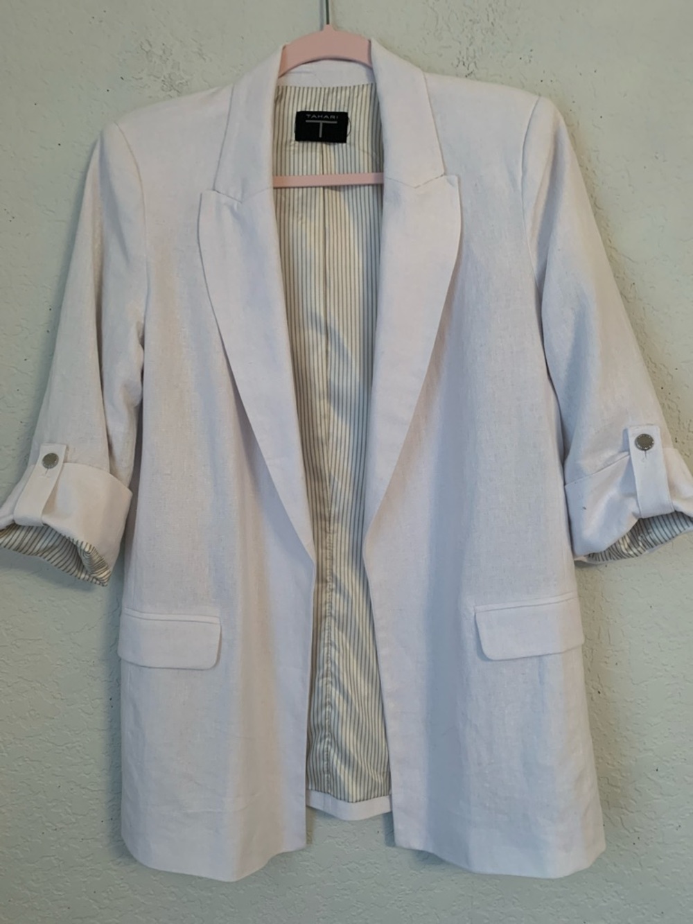 Tahari White Linen Viscose Open Front Roll-Sleeve Blazer Size M